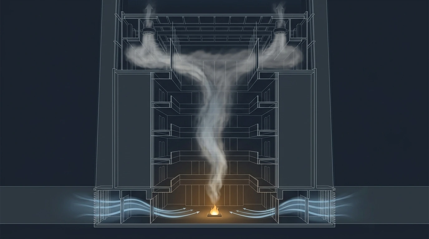 Technical cutaway of a tall building atrium showing a fire at the base with a rising smoke plume entraining air, a smoke layer forming beneath the roof with extract fans drawing from it, and low-level make-up air openings admitting replacement air