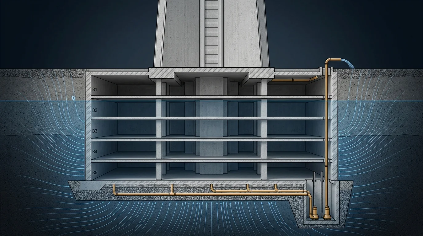 Technical cutaway of a deep basement beneath a megatall tower showing the water table above the base slab, an under-slab drainage layer, collector pipework running to a sump with submersible pumps, and the discharge rising to grade