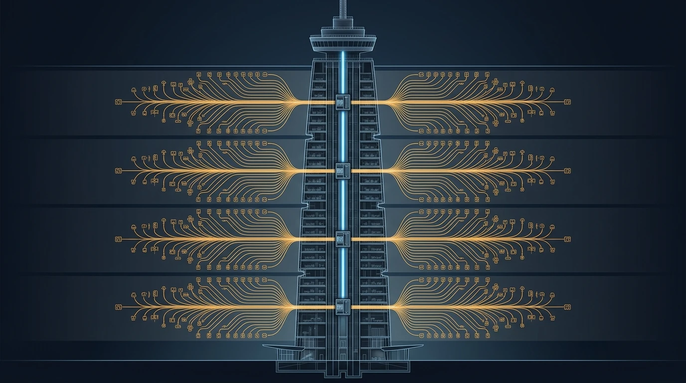 Technical diagram of a megatall tower control network showing an IP backbone rising through the core, zone-level controllers on each mechanical floor, and short field bus trunks branching to controllers on the occupied floors