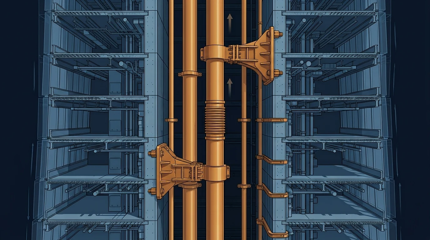 Technical cutaway of a megatall tower services shaft showing a tall riser with fixed anchors, sliding guides and an axial bellows compensator between them, with the surrounding concrete core indicated as shortening over time