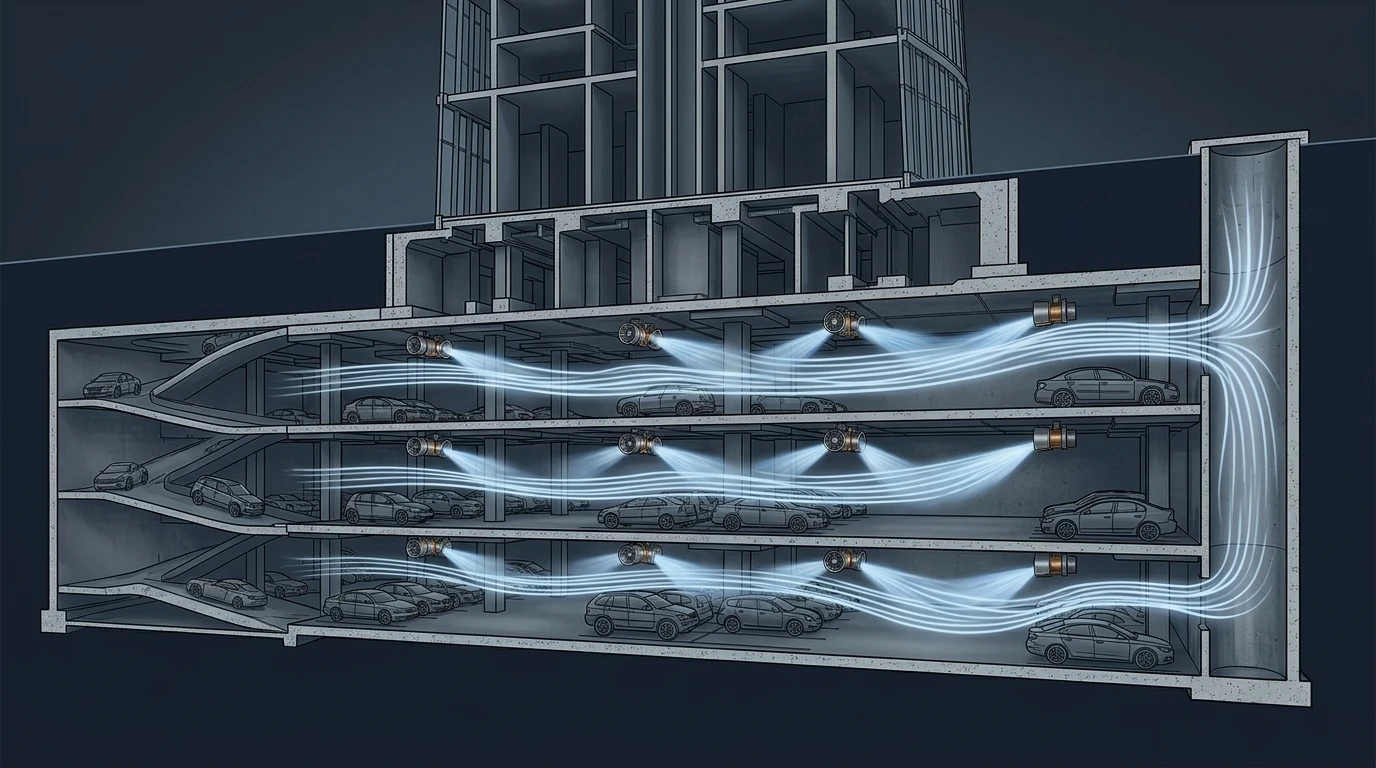 Technical cutaway of a tall-building basement car park showing ceiling-mounted jet fans driving air across the parking bays toward extract shafts, with the vehicle ramp and make-up air louvres indicated