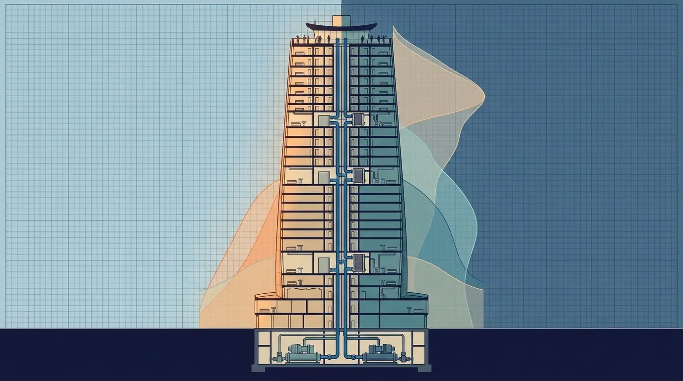 Cutaway of a tapered mixed-use tower on a blueprint grid, its west half in warm afternoon sun and its east half in blue shade, with chilled-water risers through the core, heat exchangers on three mechanical floors, two chillers in the basement plant and visitors on the observation deck, and translucent load curves rising behind it