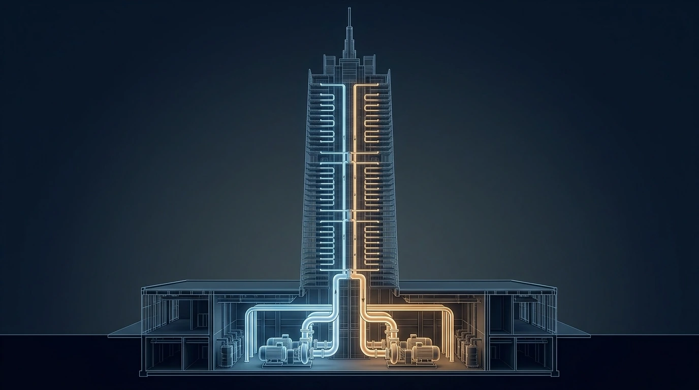 Technical cutaway of a megatall tower's chilled-water system showing a basement chiller plant, supply and return risers running the full height of the core, plate heat exchangers and secondary pump sets on mechanical floors dividing the tower into vertical pressure zones