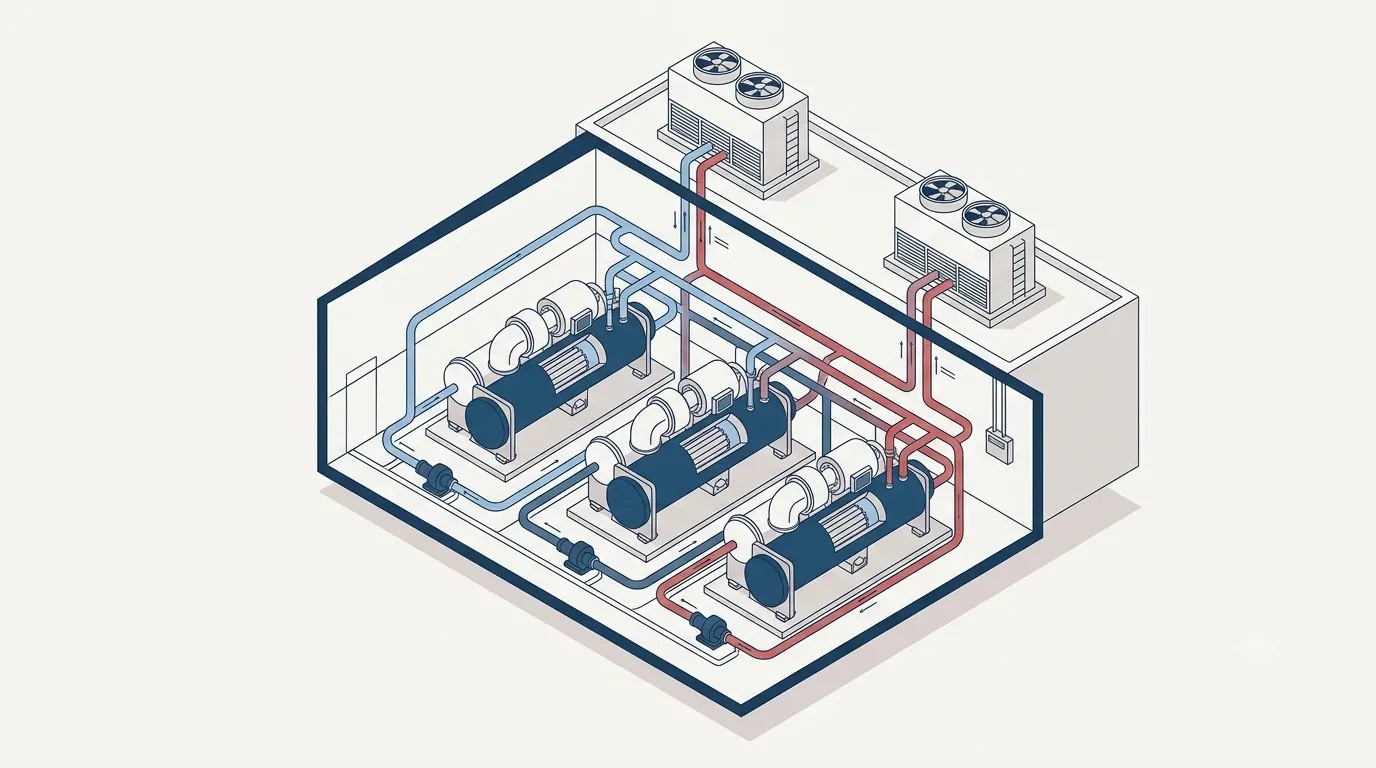 A central water-cooled chiller plant — chillers with primary and secondary pumps, a decoupler line, and rooftop cooling towers