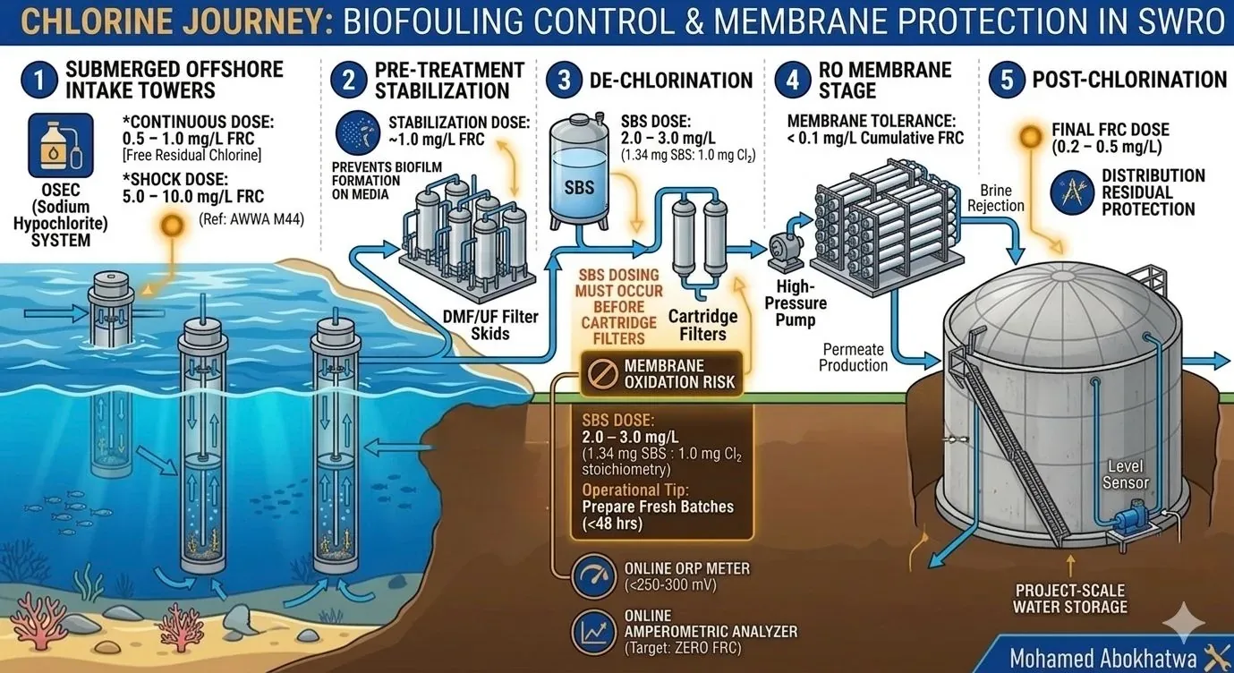 Chlorine disinfection science in SWRO desalination plants