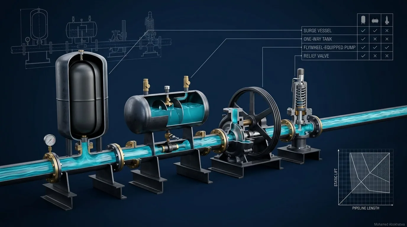 Dark technical cutaway of a water main on steel supports with four surge protection devices: a bladder surge vessel, a horizontal one-way tank, a pump with a large flywheel and a spring-loaded relief valve, faint line drawings behind, a tick-and-cross comparison table and a small chart of static lift against pipeline length