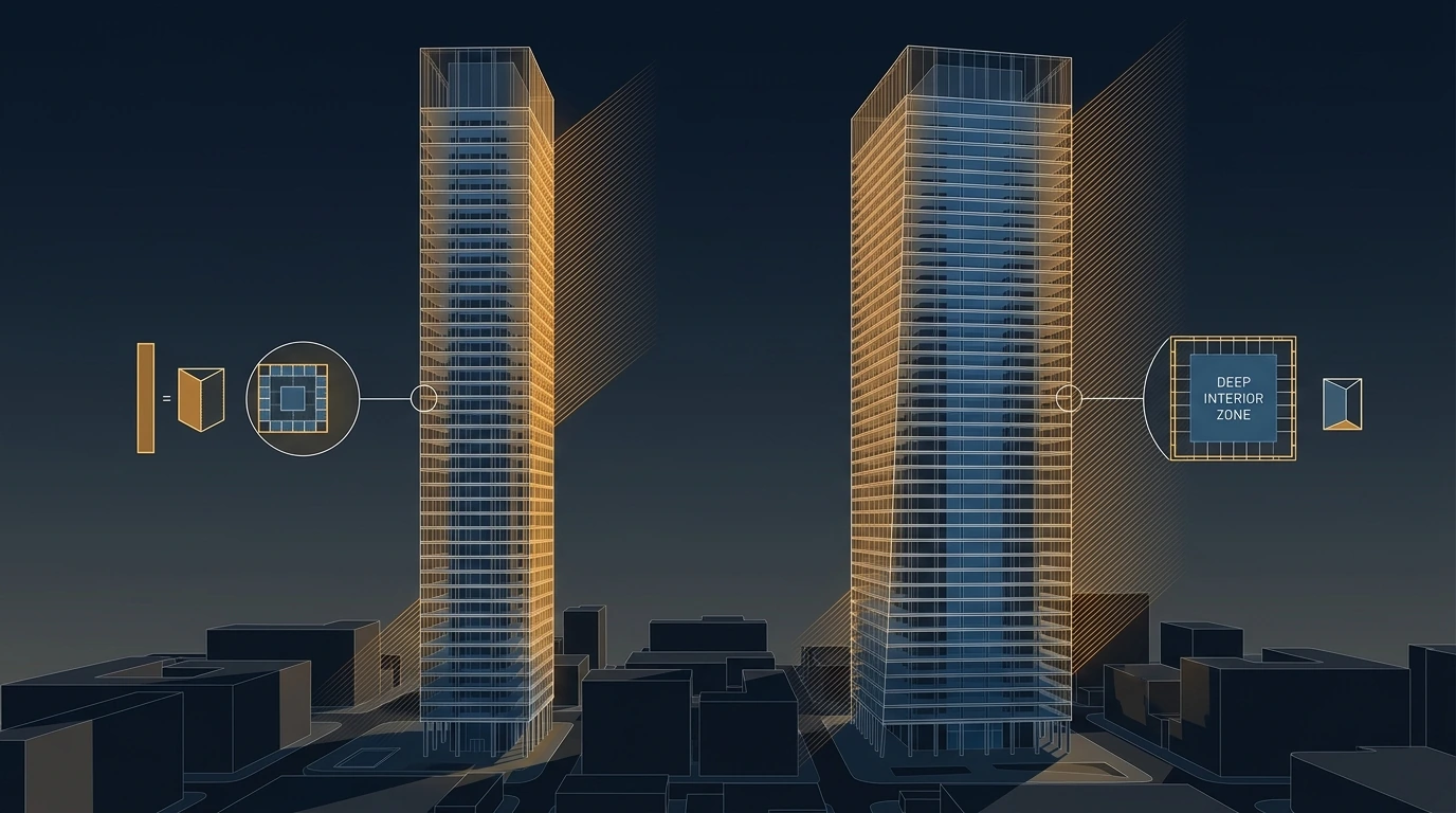 Technical illustration comparing a slender tower with a small floor plate against a wider tower of the same height, with solar gain indicated on their facades and the difference in envelope area per floor made visible