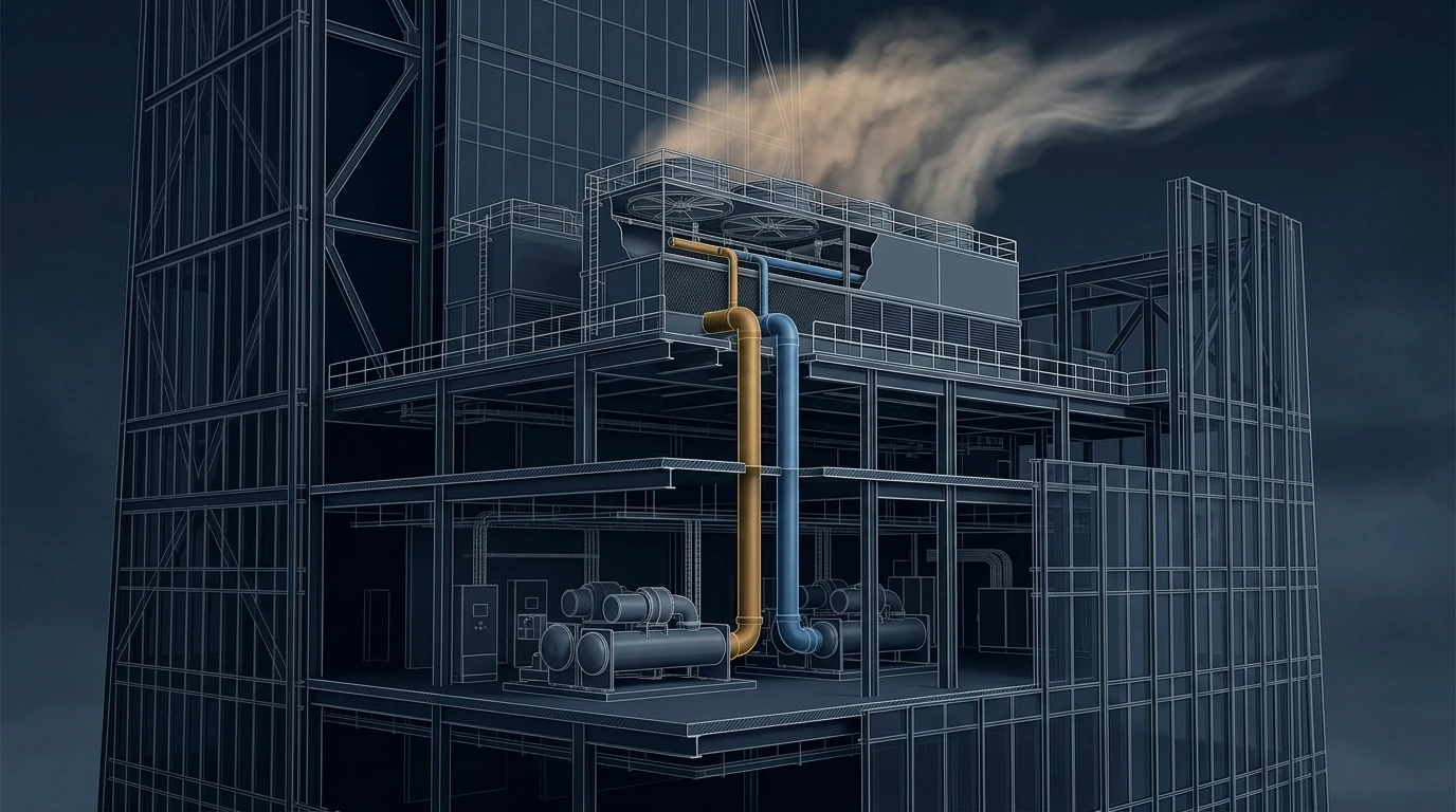 Technical cutaway of a megatall tower showing cooling towers on a high plant deck with chillers on the mechanical floor immediately below, condenser water risers connecting them, and the tower discharge plume being carried by the wind