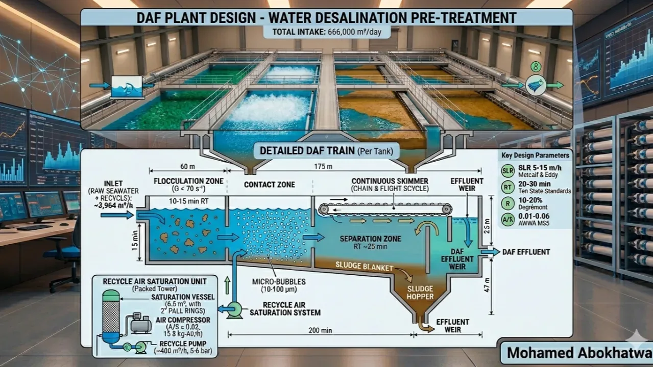 Dissolved Air Flotation DAF design for SWRO pre-treatment