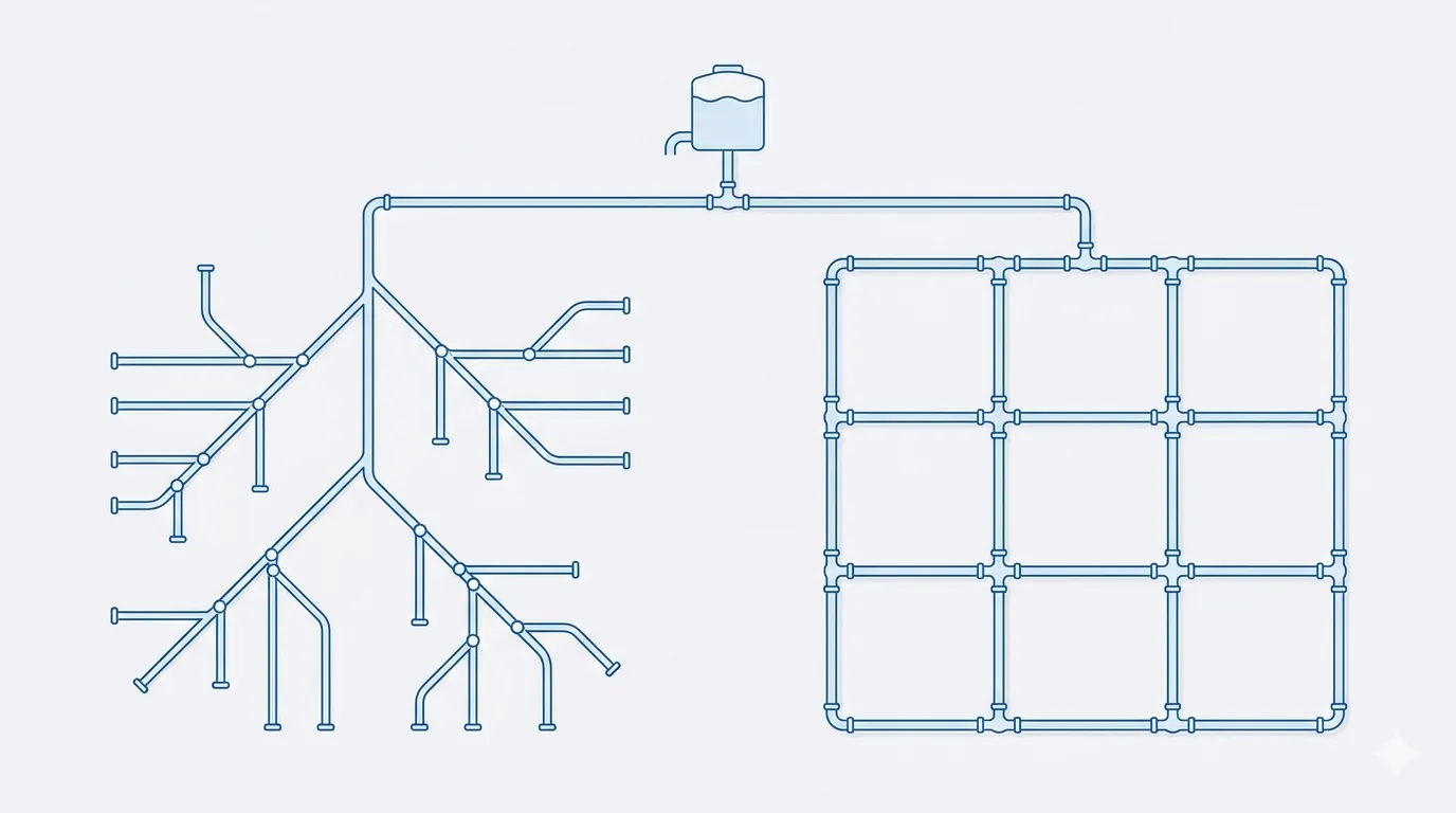 Schematic comparing a looped grid water distribution network with a branched dead-end network fed from one reservoir