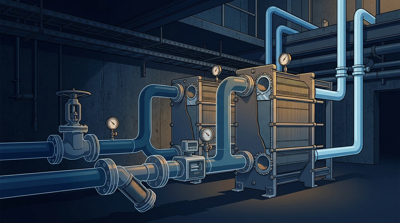 Technical cutaway of a district cooling energy transfer station at the base of a megatall tower, showing plate heat exchangers separating the district network from the building circuit, primary control valves, strainers and a BTU meter, with the building risers leaving upward