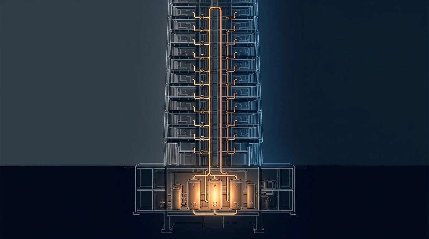 Technical cutaway of a megatall tower&rsquo;s domestic hot water system showing calorifiers and storage on a mechanical floor, a hot flow riser and a returning recirculation riser with thermostatic balancing valves on each branch, and mixing valves close to the outlets