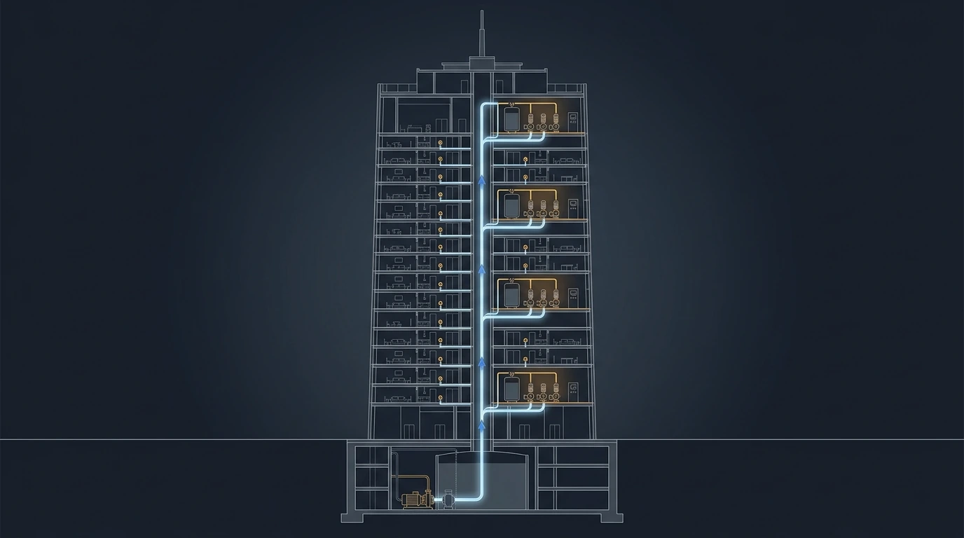 Technical cutaway of a megatall tower&rsquo;s domestic water system showing break tanks and booster pump sets at intervals up the core, a supply riser divided into pressure zones, and floor-level pressure-reducing valve groups serving the apartments