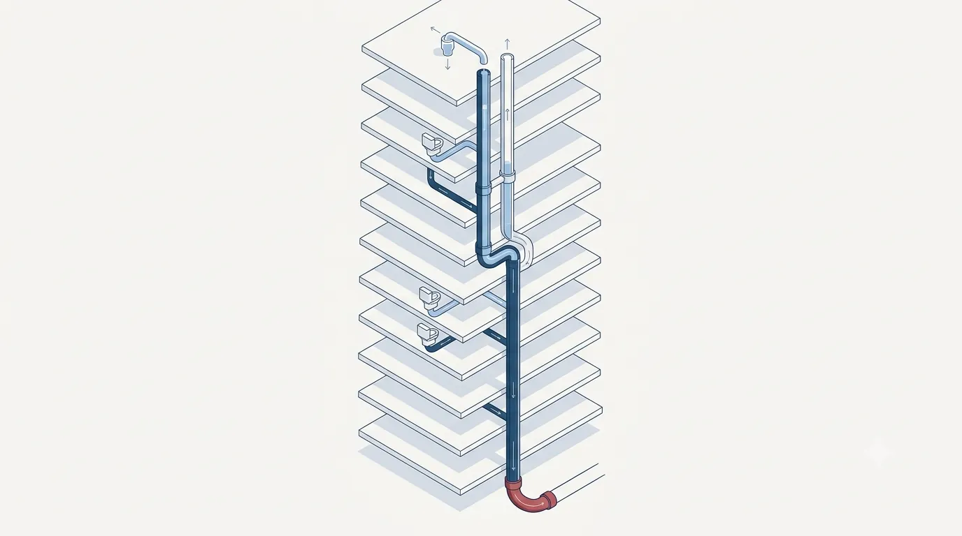 Cutaway of a tall building's sanitary drainage stack with branch connections, a parallel vent stack, a stack offset and the base bend discharging to the below-ground drain