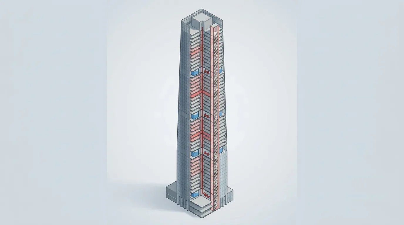 Cutaway of a megatall tower showing its fire strategy: vertical pressure zones each with a transfer tank and fire pump set, an express standpipe riser, a pressurized escape stair, refuge floors and a fire command centre at grade