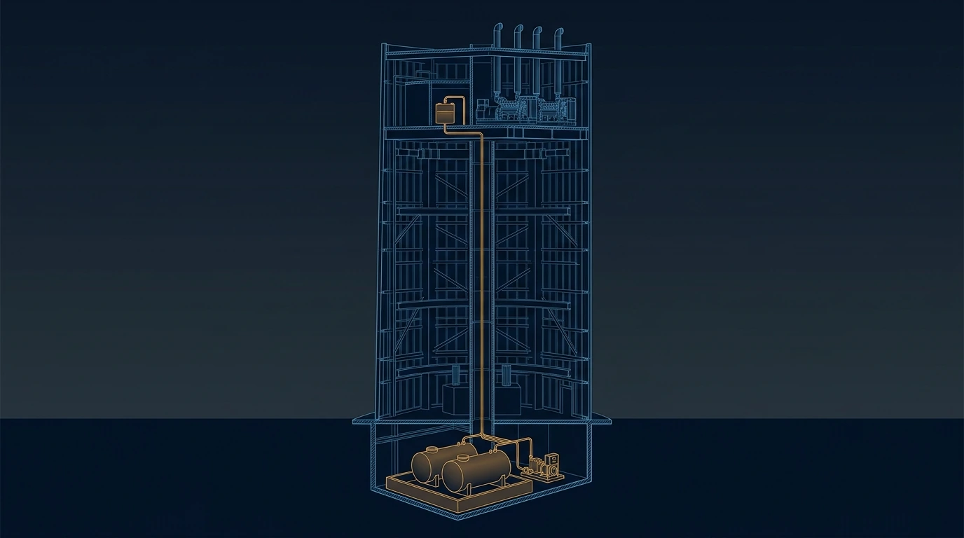 Technical cutaway of a megatall tower fuel system showing bulk diesel storage tanks in a bunded basement fuel room, a contained fuel riser running up the core, and a day tank feeding standby generators on a high mechanical floor