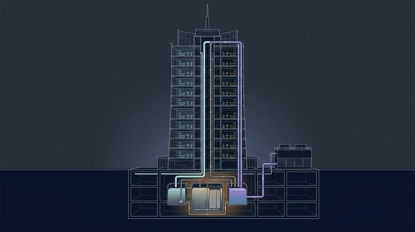 Technical cutaway of a megatall tower water reuse system showing separate greywater drainage stacks from the bathrooms, a basement membrane bioreactor treatment plant with balance and treated water tanks, and a purple non-potable riser feeding WC flushing and cooling tower makeup