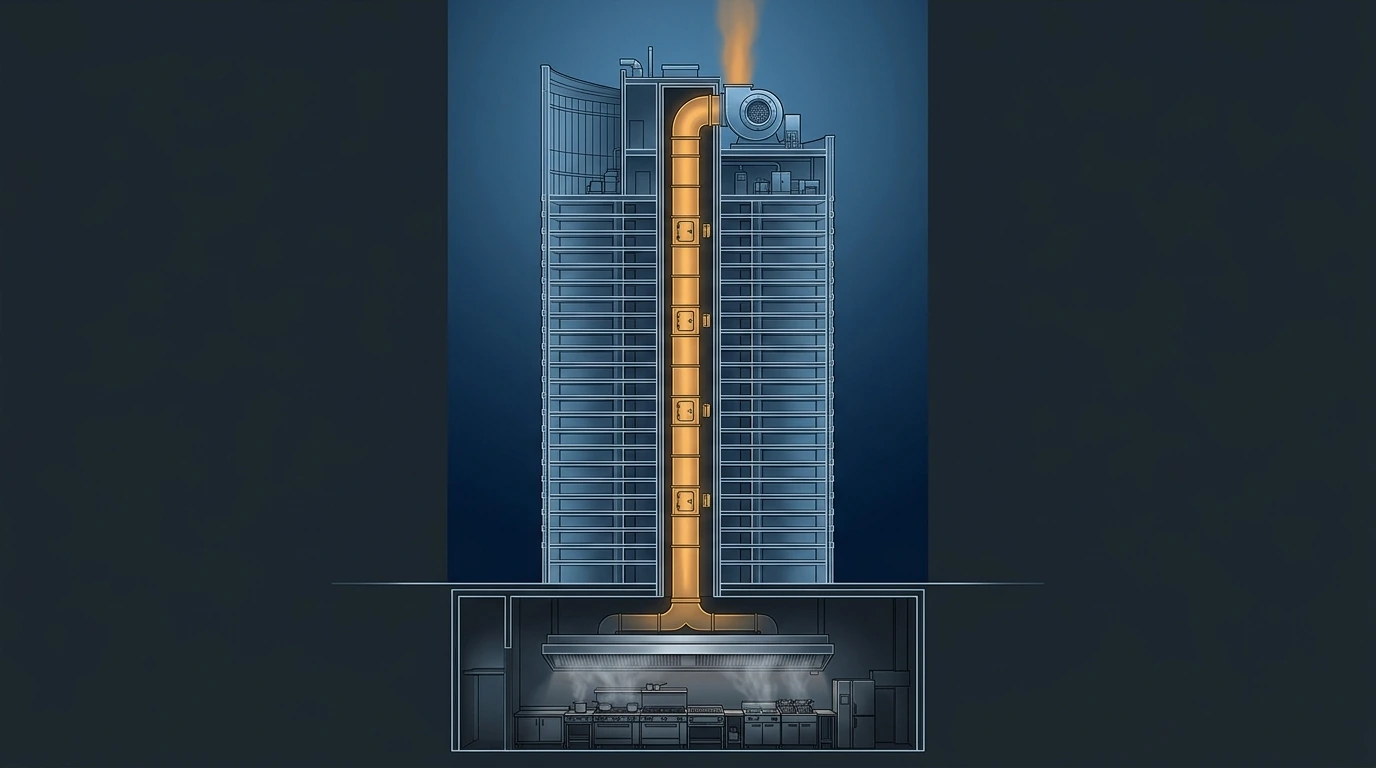 Technical cutaway of a tall building showing a commercial kitchen with an extract hood on a podium level and a continuous grease riser running up a dedicated fire-rated shaft through the occupied floors to a discharge fan at roof level