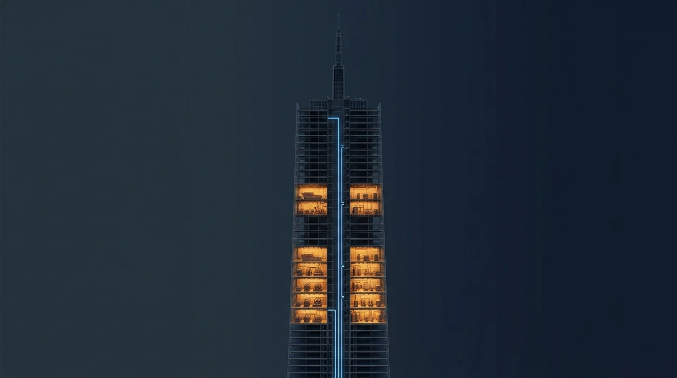 Cutaway of a megatall tower highlighting its double-height mechanical floors at intervals up the core, each packed with air-handling plant, pumps, tanks and heat exchangers, with the riser shafts running between them