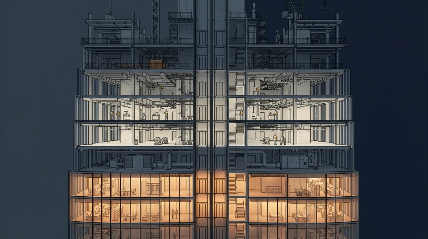 Technical cutaway of a megatall tower during phased handover, showing lower zones complete and occupied, a middle zone under active commissioning with test equipment on a mechanical floor, and upper zones still under construction