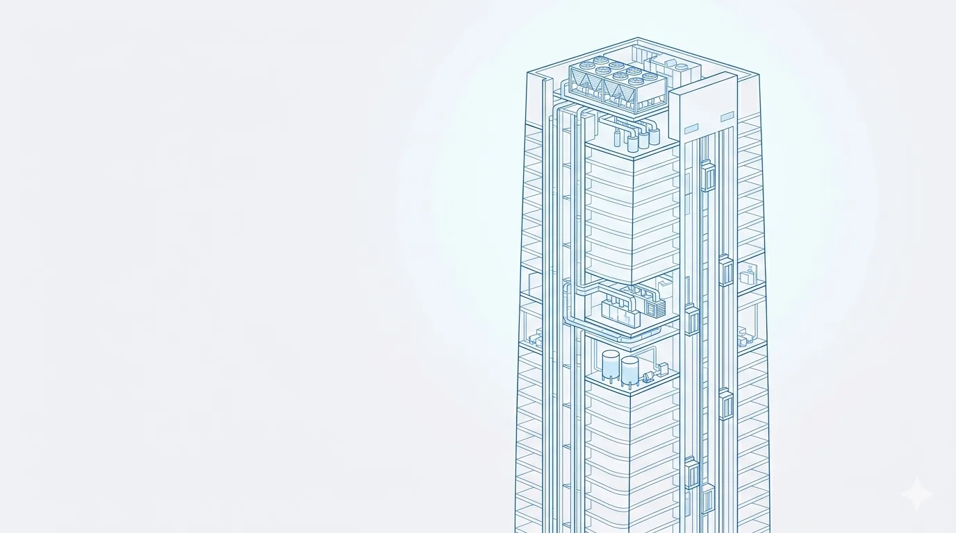 Cutaway illustration of a megatall tower showing its MEP systems — rooftop chiller plant, vertical riser shafts, a mechanical plant floor and the lift core