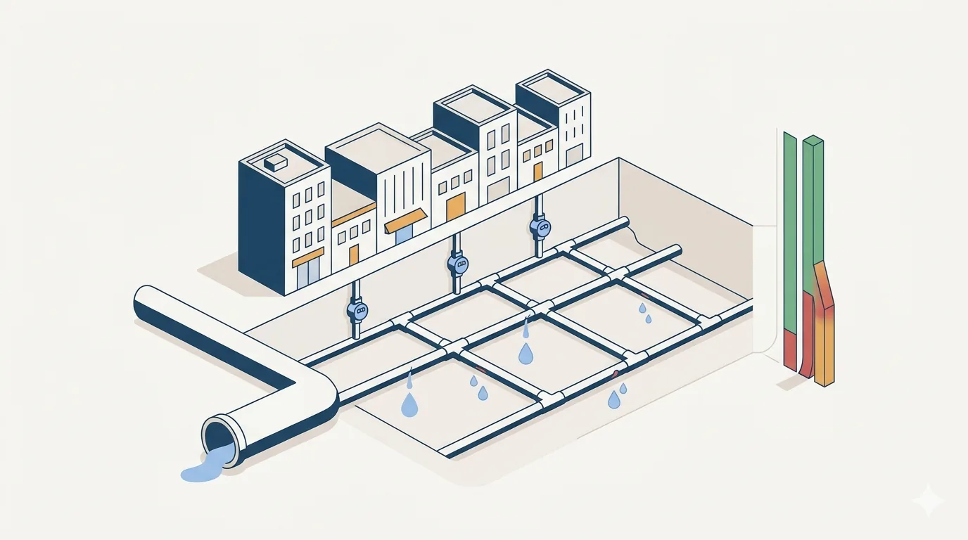The IWA standard water balance — system input volume splitting into authorised consumption and water losses, and into revenue and non-revenue water