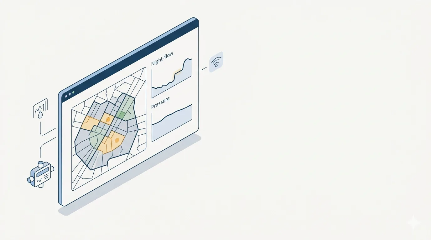 A smart-water control room dashboard monitoring district metered areas, night flow trends and pressure across a city network