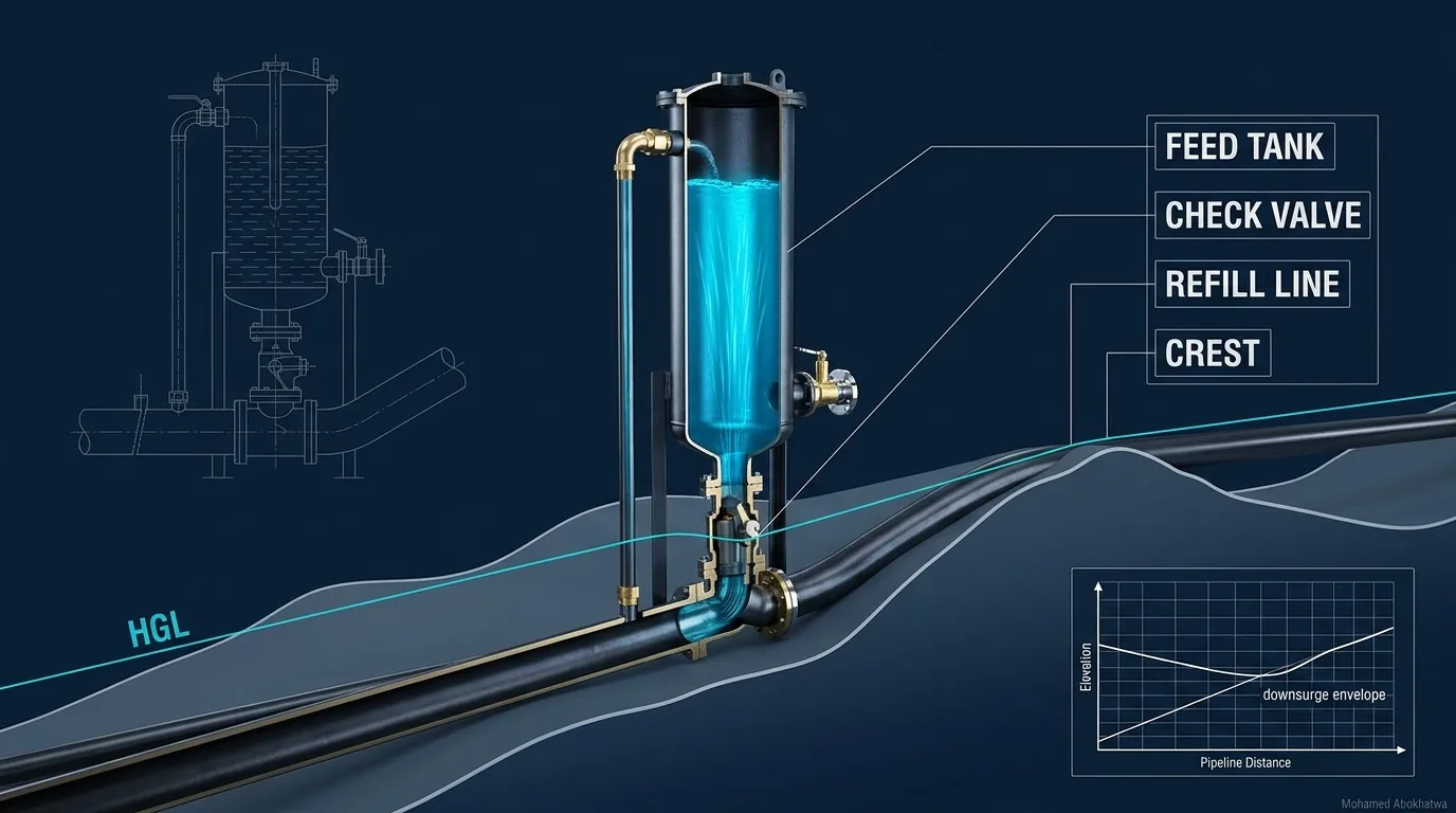 Technical illustration on a dark navy background: a cutaway feed tank, partly filled by a refill line at the top, joined through a check valve to a pipeline climbing towards a crest, with a cyan HGL, labels for feed tank, check valve, refill line and crest, and an inset chart of the downsurge envelope along the pipeline