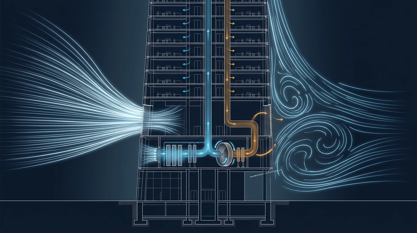 Technical cutaway of a megatall tower&rsquo;s ventilation system showing outdoor-air intake louvres on a mechanical floor, wind pressure acting on the windward and leeward faces, an energy recovery wheel and filter bank inside the air-handling plant, and the fresh-air riser feeding the floors