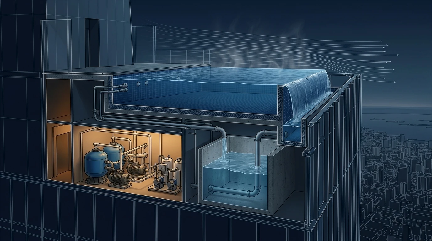 Technical cutaway of a rooftop infinity pool on a megatall tower showing the overflow channel and balance tank below deck, the filtration and dosing plant room alongside, and wind flowing across the exposed water surface