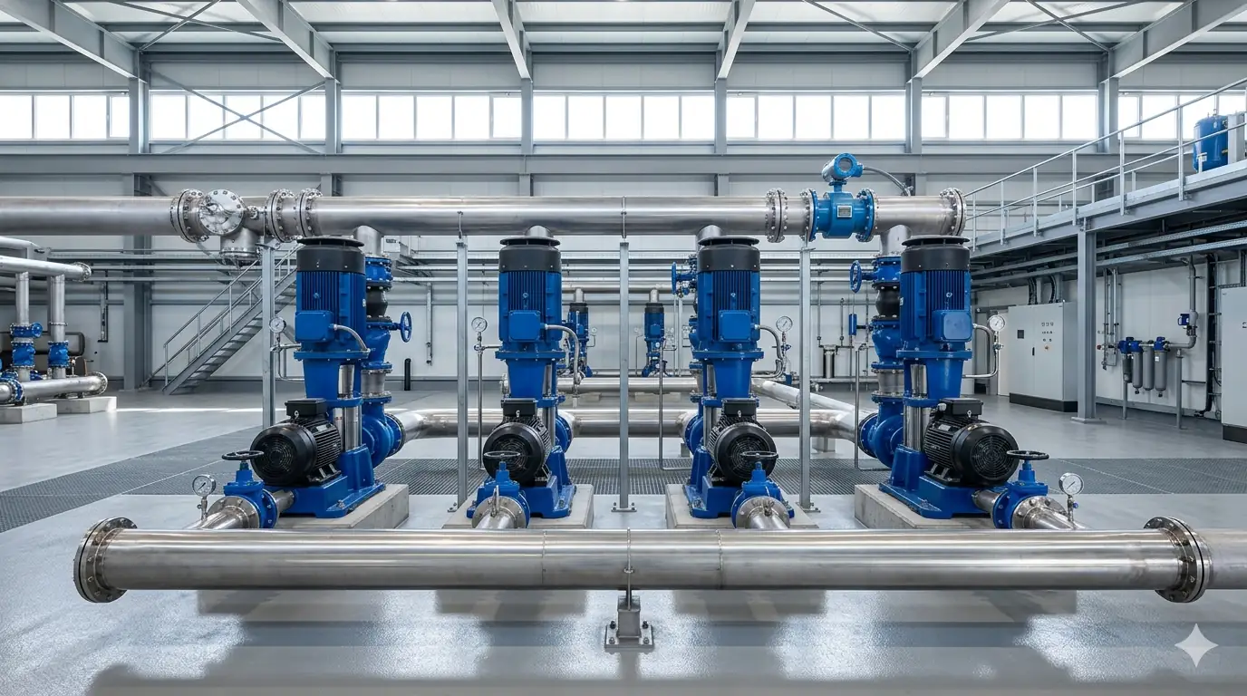 Cutaway of a large potable-water pumping station with a bank of vertical pumps, suction and discharge headers