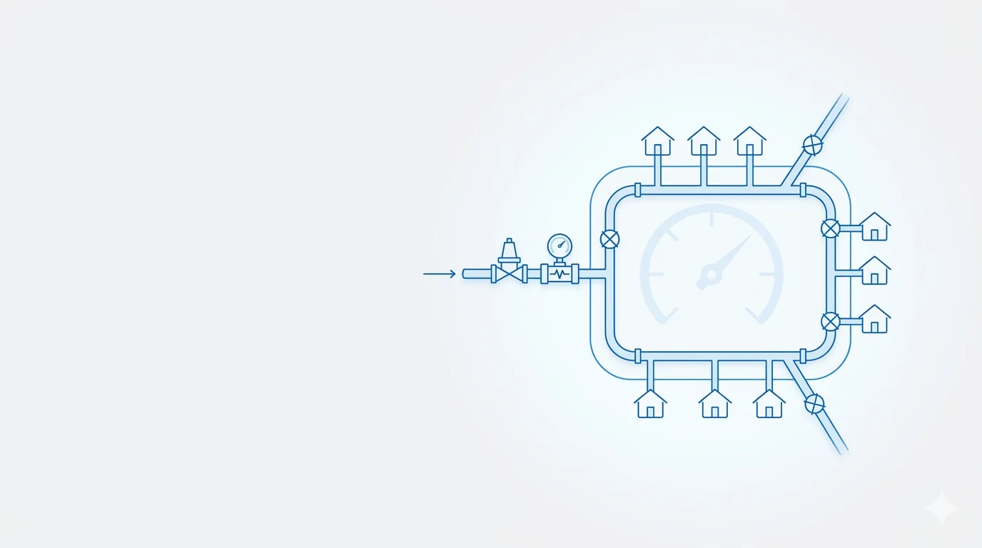 A district metered area fed through a single metered inlet with a pressure-reducing valve, boundary valves closed
