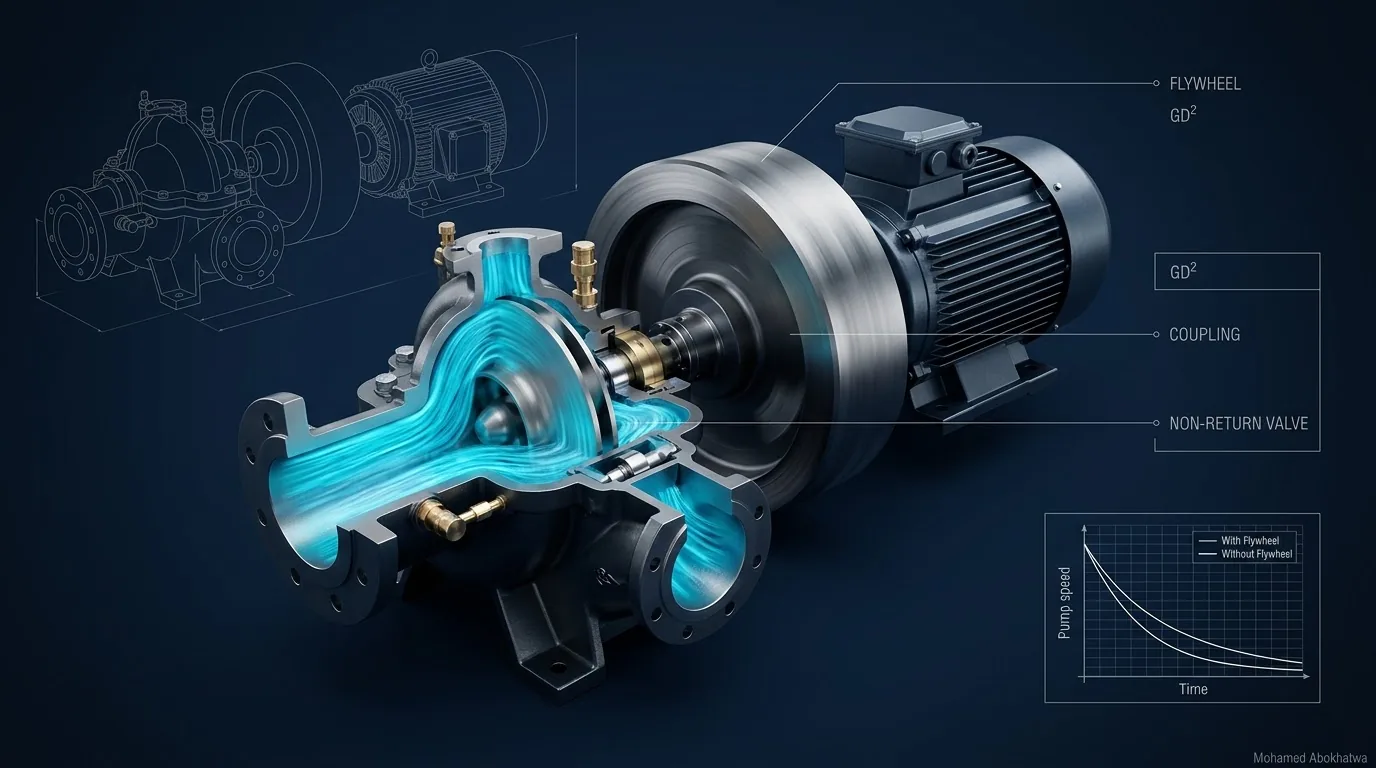 Cutaway of a centrifugal pump with a large steel flywheel between pump and motor, labelled GD², coupling and non-return valve, and an inset graph of pump speed against time with and without a flywheel
