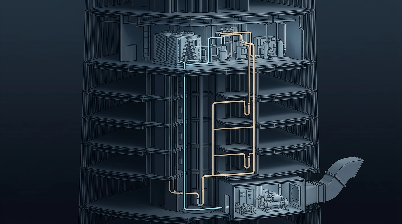 Technical cutaway of a megatall tower showing zoned refrigerant systems with condensing plant on mechanical floors above each zone, liquid and suction risers running down to the floors below, and a refrigerating machinery room with leak detection and emergency ventilation