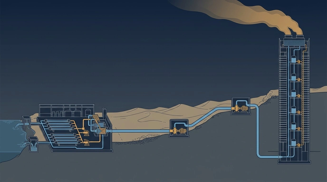 Technical cutaway showing the full water-energy chain in the Gulf: a seawater reverse osmosis plant on the coast, a long transmission main climbing inland, a megatall tower lifting water up its core, and a plume of vapour leaving the cooling towers on its roof