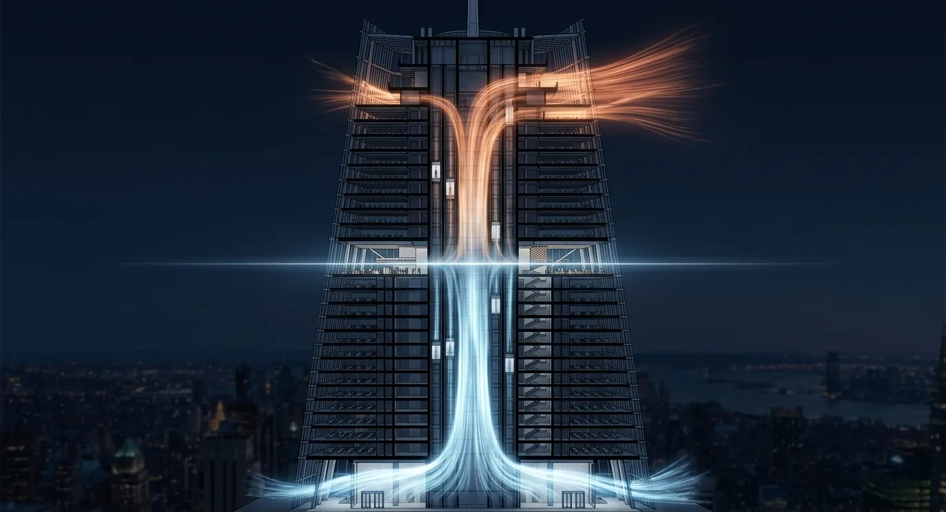 Technical cutaway of a supertall tower showing the stack effect: outside air drawn in through the lobby, accelerating up the lift and stair shafts, and discharging through the upper floors, with the neutral plane marked across the mid-height and the pressure profile drawn beside the tower