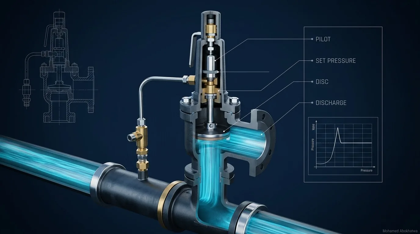 Cutaway of a pilot-operated surge relief valve on a pipe tee, water flowing out of the side discharge, with labelled pilot, set pressure, disc and discharge on a dark blue background