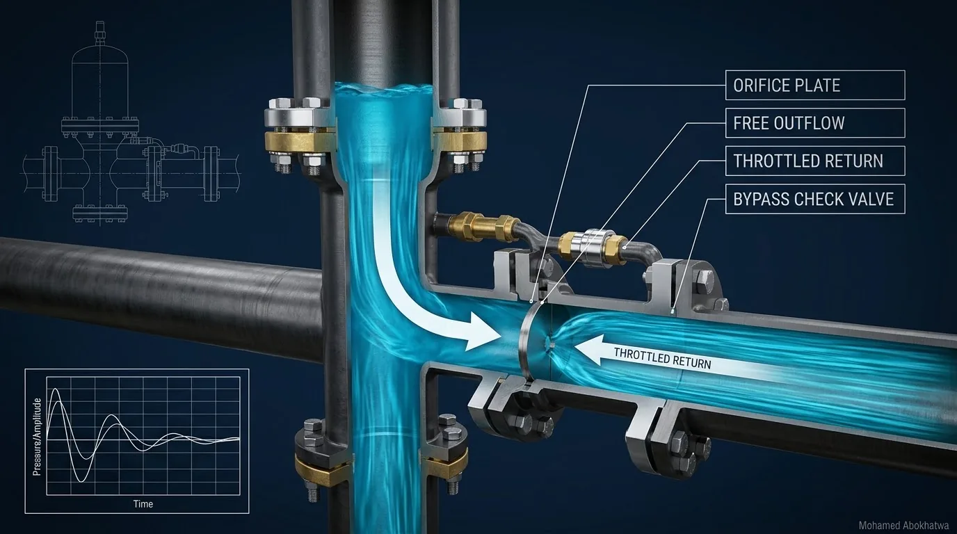 Cutaway render of a vertical pipe teeing into a branch fitted with an orifice plate and a small bypass check valve, labelled free outflow and throttled return, with a vessel line drawing and two decaying pressure traces inset