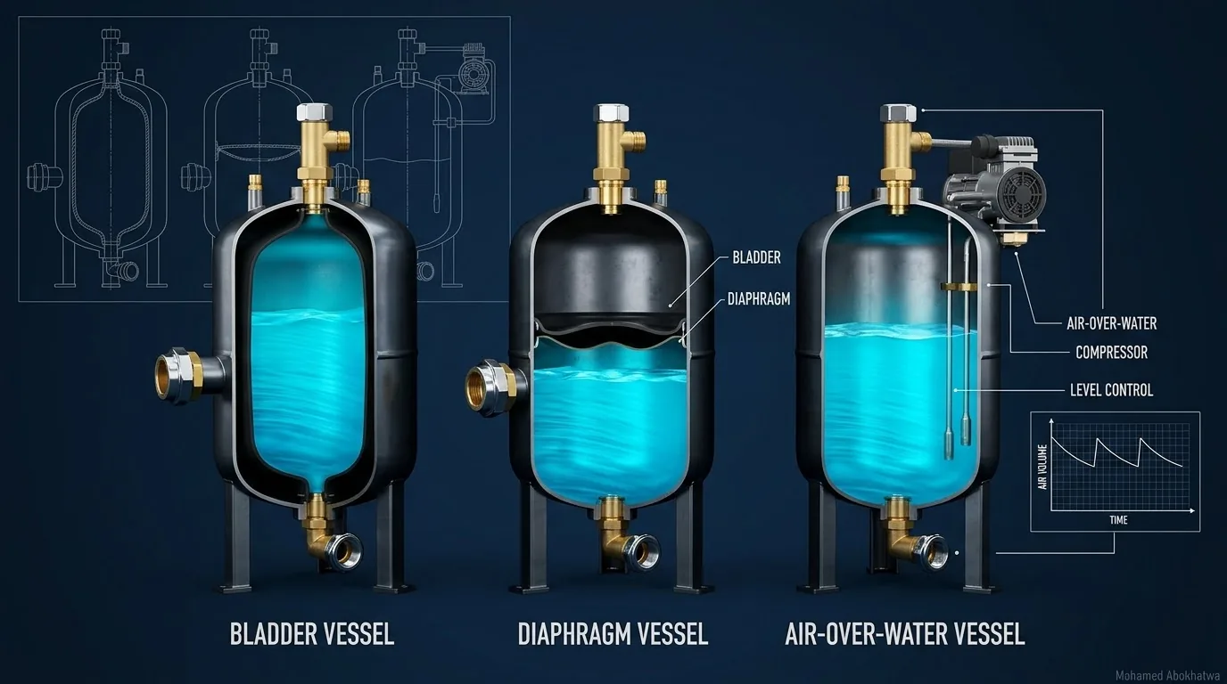 Three cutaway surge vessels on a dark blue background: a bladder vessel with the water held inside a flexible bladder, a diaphragm vessel with a membrane across the shell above the water, and an air-over-water vessel with a compressor, level probes and a small chart of air volume topped up over time, with blueprint outlines of the three vessels behind