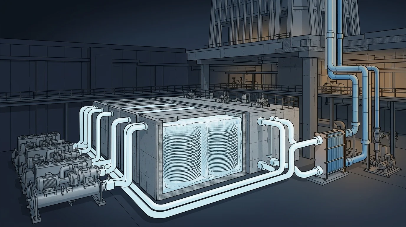 Technical cutaway of a megatall tower basement showing large ice thermal storage tanks with internal coil bundles, connected by glycol pipework to low-temperature chillers and a plate heat exchanger serving the building chilled-water risers