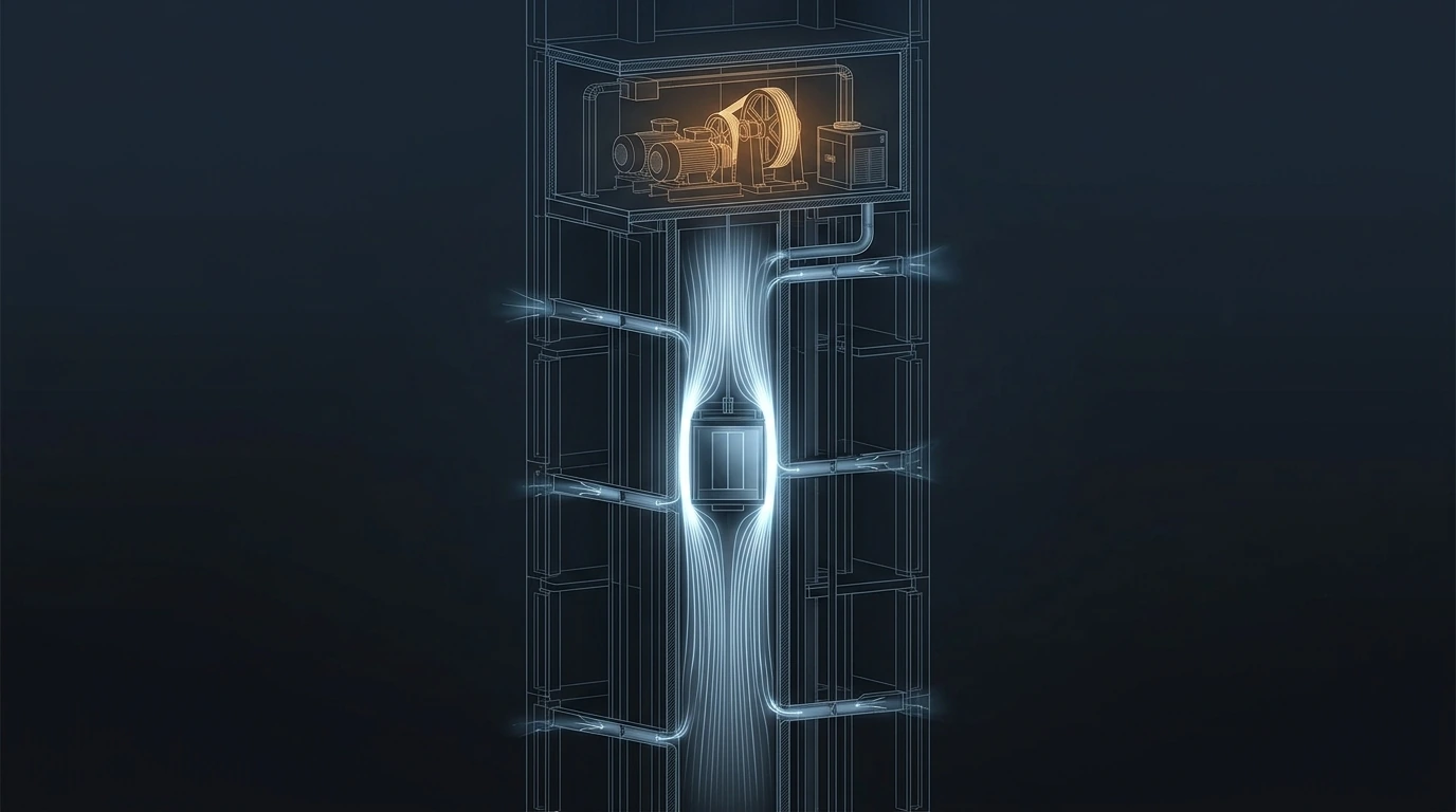 Technical cutaway of a megatall tower&rsquo;s lift core showing a high-speed car in its hoistway with air displaced around it, the machine room above with its drives and cooling plant, and pressurisation ductwork injecting into the shaft at several levels
