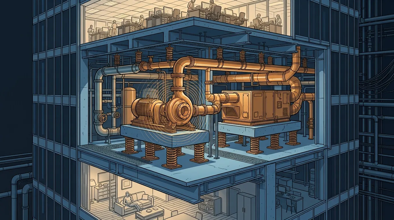 Technical cutaway of a megatall tower mechanical floor showing pumps and air-handling plant on inertia bases and spring isolators, with resiliently supported pipework and ductwork leaving the plant room above an occupied floor