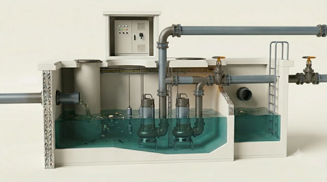 Wastewater pump station design — wet well, submersible pumps and force main