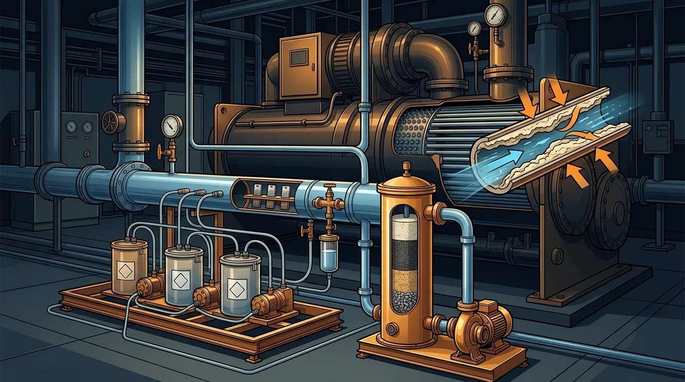 Technical cutaway of a chiller plant room water treatment installation showing dosing pots and chemical dosing pumps, a side-stream sand filter with its own pump, coupon and sample stations on the pipework, and a condenser tube section revealing scale build-up