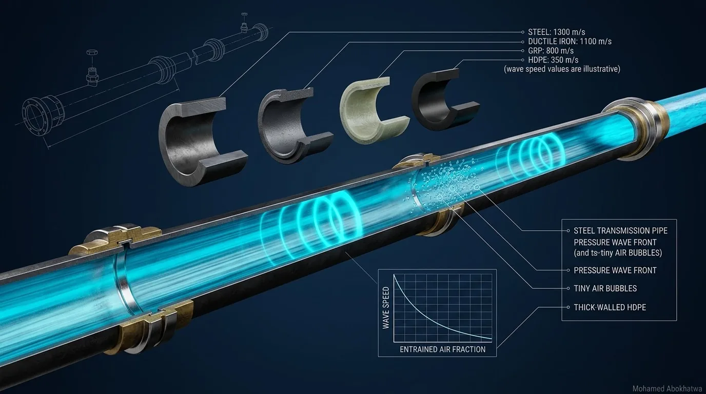 Illustration of a sectioned transmission pipeline on a dark blue background: glowing pressure wave fronts travel through the water past a cluster of air bubbles at a joint, with steel, ductile iron, GRP and HDPE wall sections above and an inset graph of wave speed falling as entrained air rises
